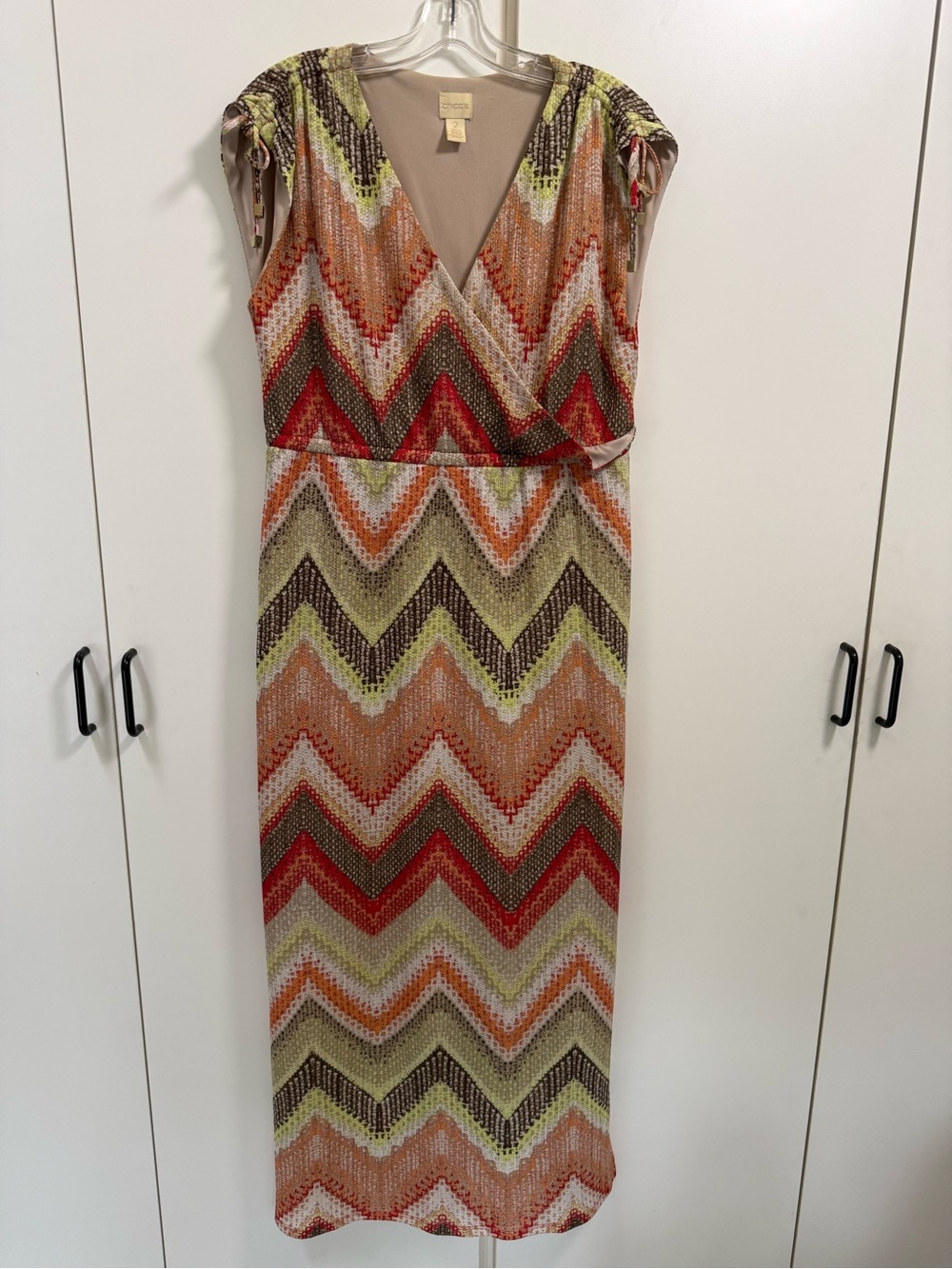 Chico's Sz 2 Chevron Maxi Dress in Coral Lime bohemian knit crochet pattern wrap